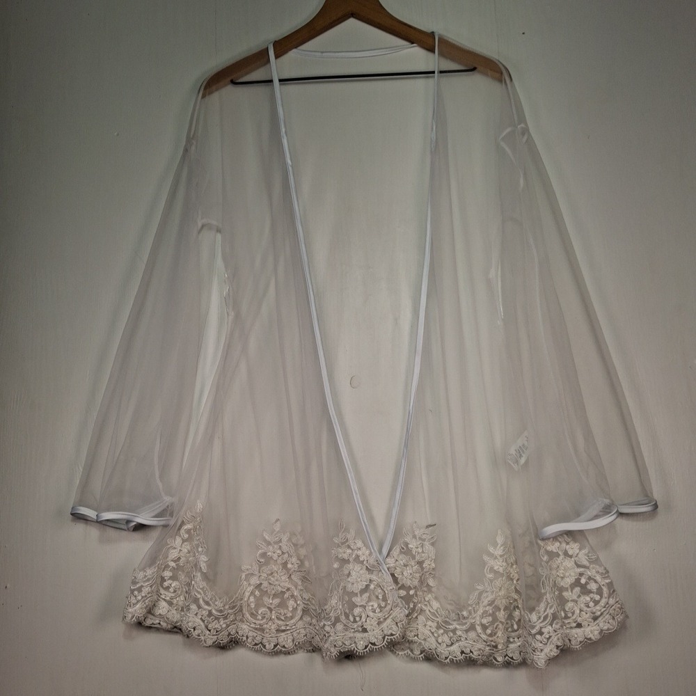 Starline White Sheer Mesh Lace Trim Robe Lingerie Cover Up Small Medium Bridal